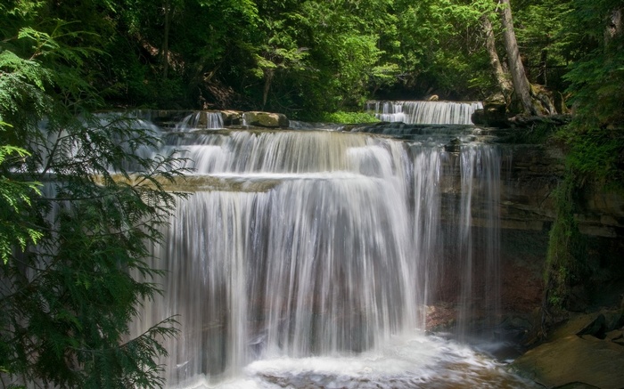 Multi-tiered waterfall in a lush green forest