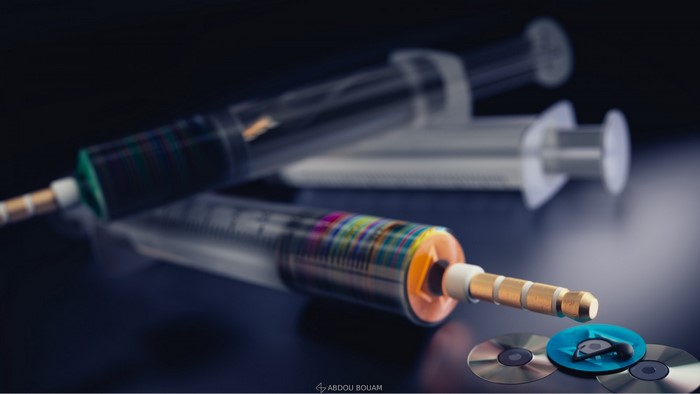 Syringes filled with colorful data and compact discs