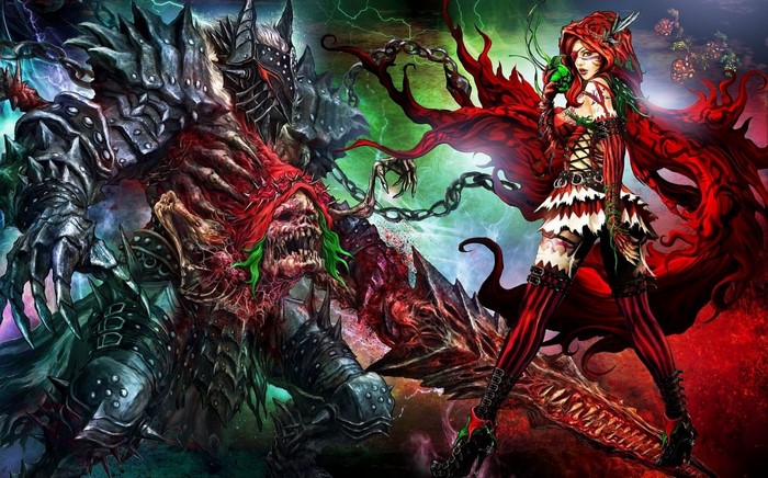Soul Sacrifice artwork featuring Little Red Riding Hood and a warlord