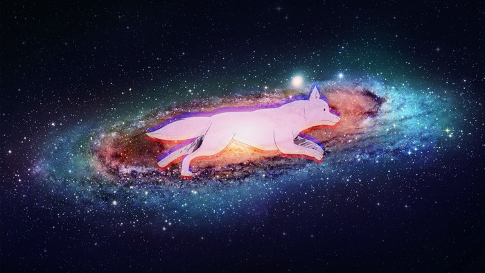 Illustration of a dog running through a galaxy