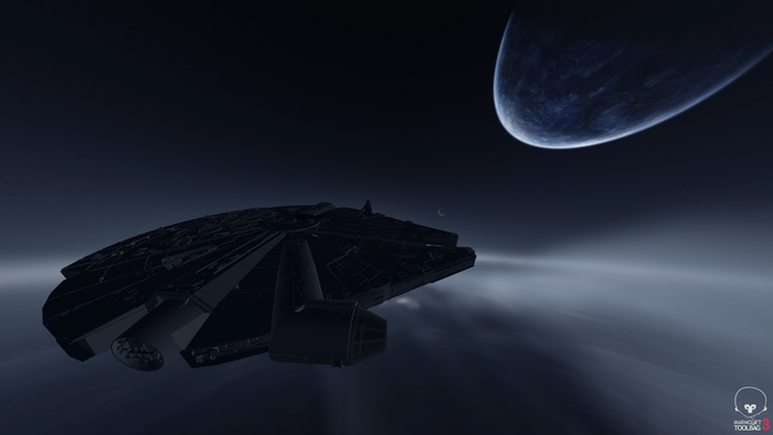 Millennium Falcon in space near a planet