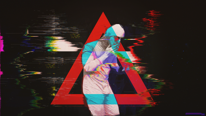 Glitch art illustration of Papa Franku with a red triangle