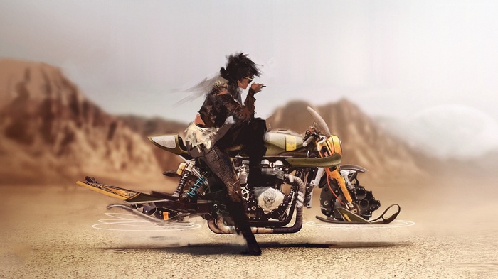 Artwork of a woman on a futuristic motorcycle in a desert