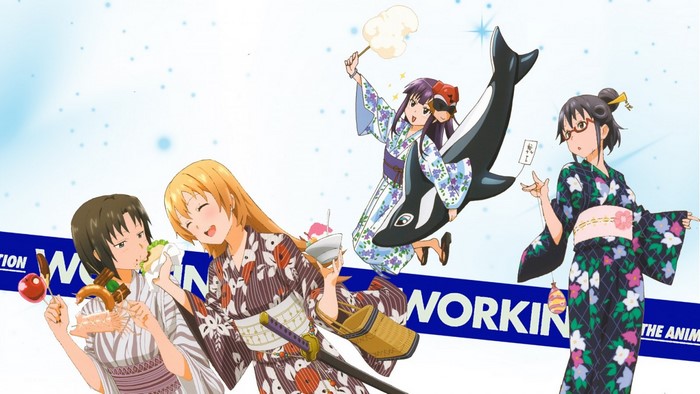 Anime girls in yukatas at a festival from Working!!