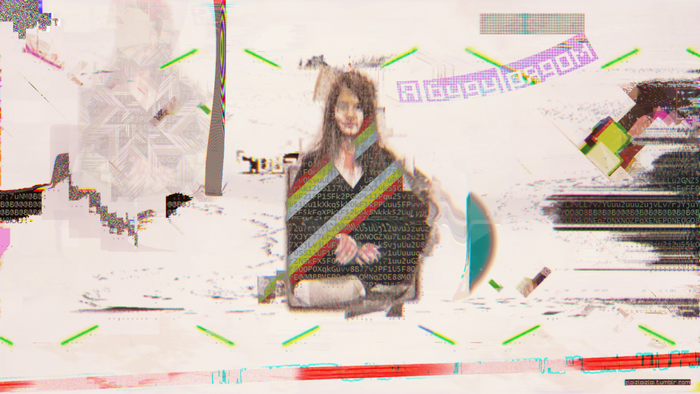 Glitch art portrait of a woman with abstract elements