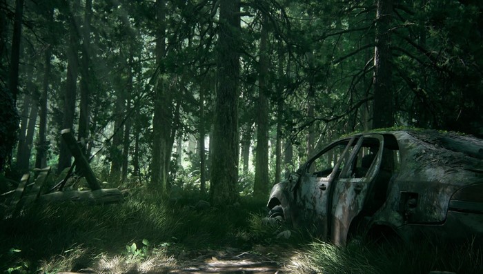 The Last of Us Part II forest scene with abandoned car