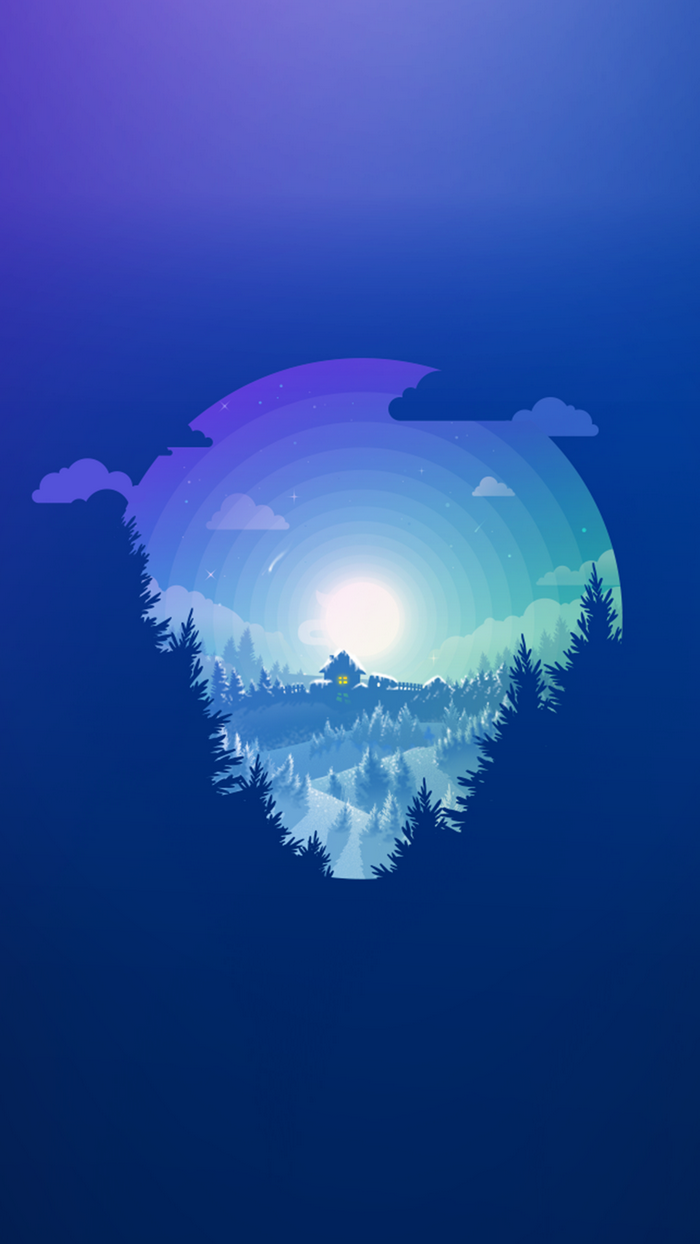 Minimalist forest landscape with a glowing house