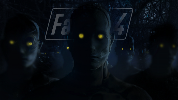 Fallout 4 logo with glowing figures in darkness