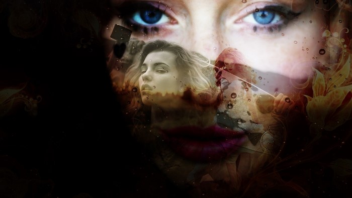 Collage of women's faces with abstract elements