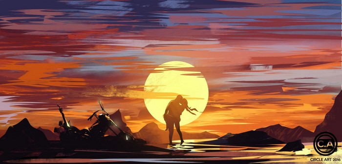 Couple embracing at sunset with wreckage