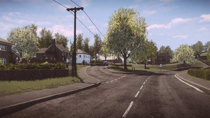 Rural road intersection with houses and trees