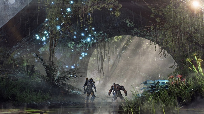 Two armored figures in a misty forest under a stone archway