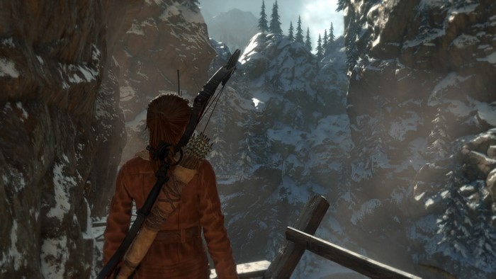 Lara Croft from Tomb Raider in a snowy mountain landscape