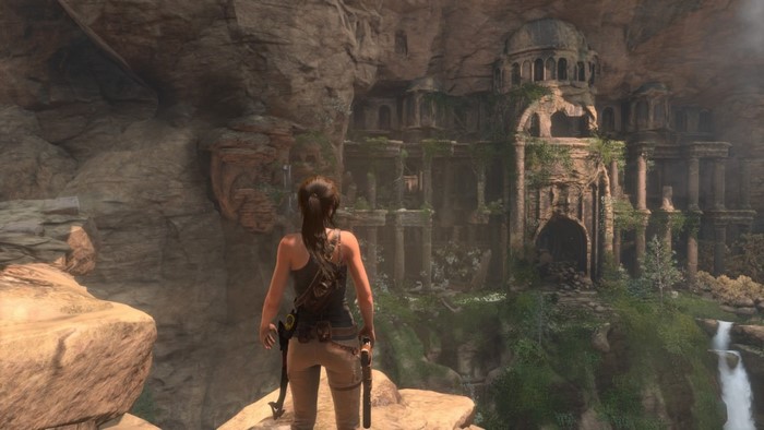 Lara Croft from Tomb Raider in ancient ruins