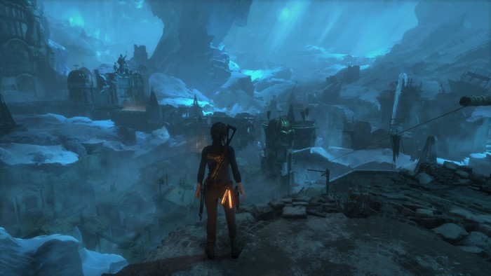 Lara Croft from Tomb Raider in an icy cave
