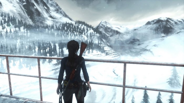 Lara Croft from Tomb Raider in a snowy mountain landscape