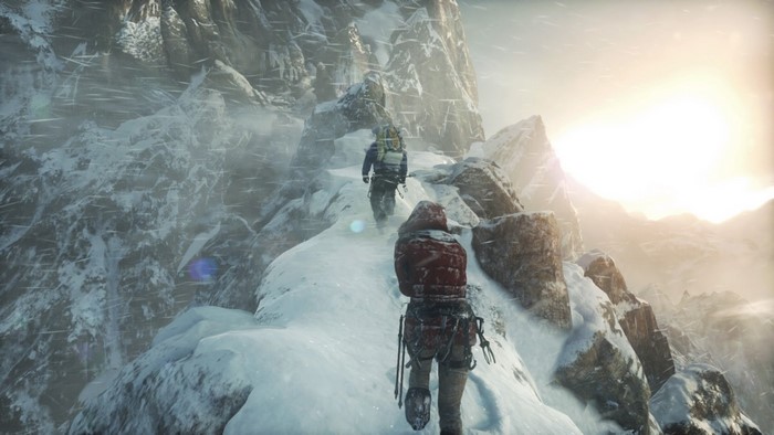 Lara Croft from Tomb Raider climbing a snowy mountain