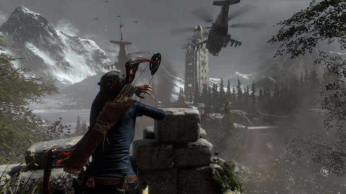 Lara Croft from Tomb Raider aiming a bow at a helicopter