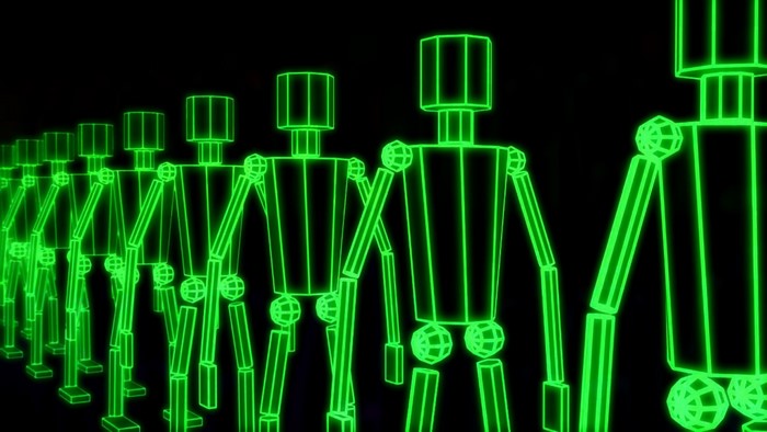 Green neon wireframe robots in a line