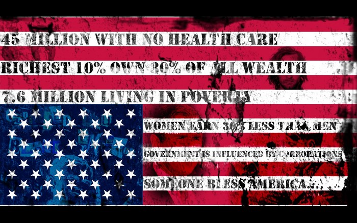 American flag with statistics about inequality