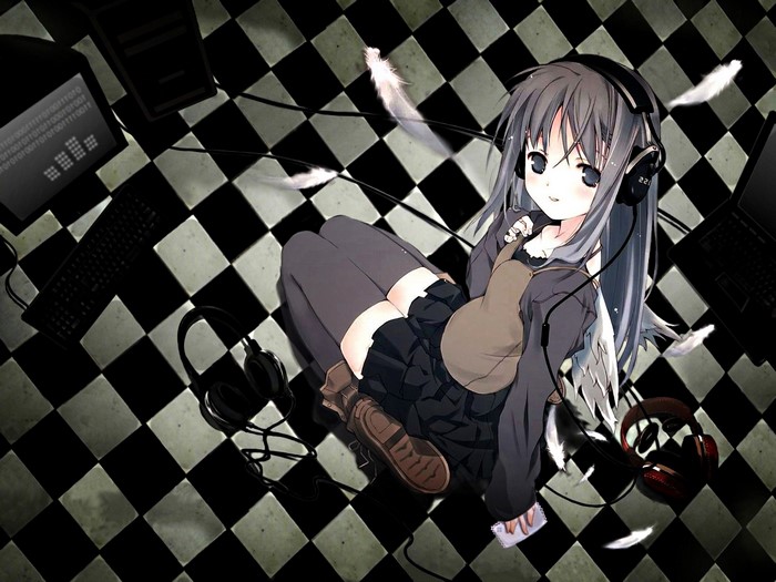 Anime girl with headphones and wings on checkered floor