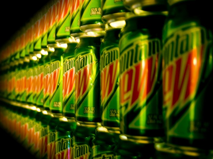 Row of Mountain Dew cans