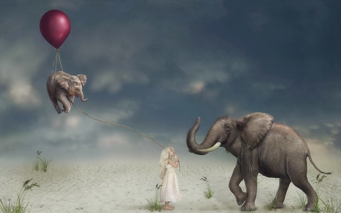 Surreal artwork of a girl and elephants with a balloon