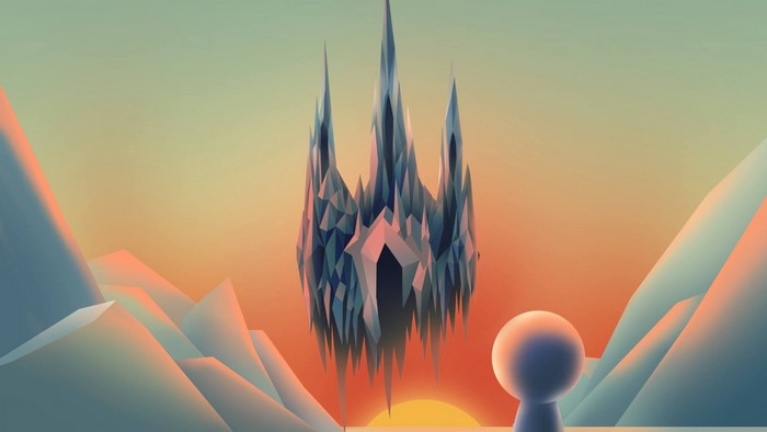 Low poly floating ice castle at sunset