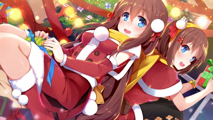Anime girls in Christmas outfits with presents