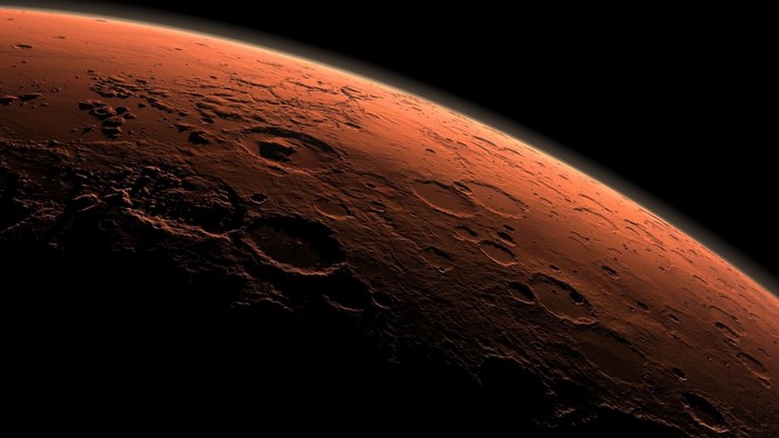 Mars planet surface with craters in space