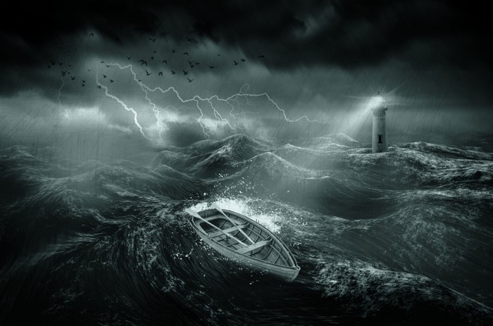 A boat tossed in a stormy sea with a lighthouse.
