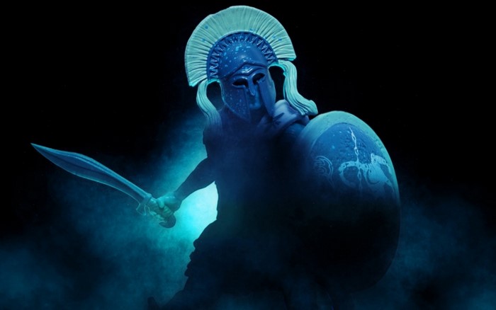 Blue warrior with sword and shield in darkness