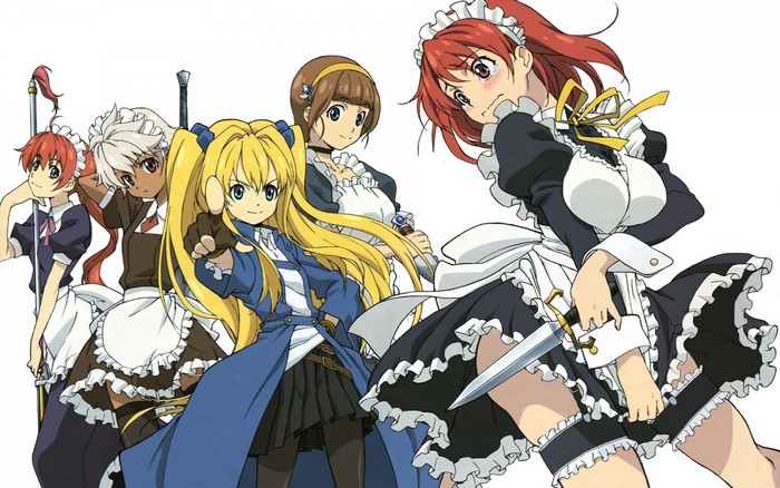 Anime girls in maid outfits from Seiken no Blacksmith