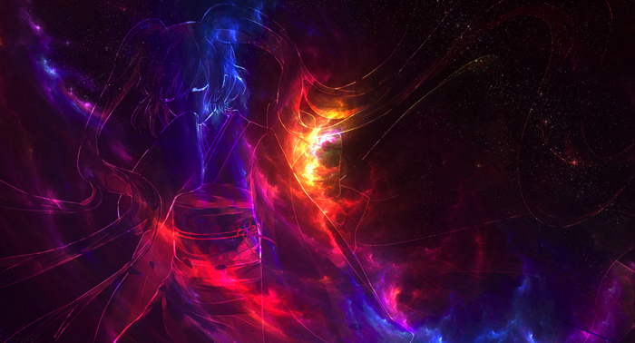 Anime girl in kimono in cosmic nebula