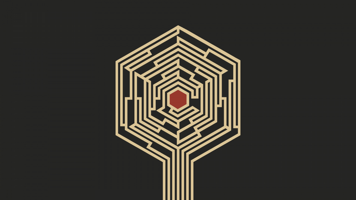 Hexagonal maze with red center on dark background