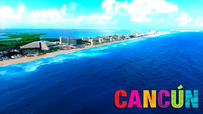 Cancun beach with hotels and ocean