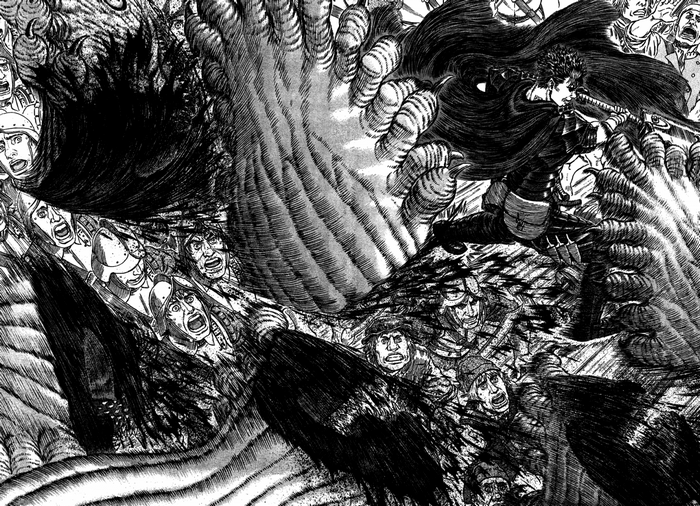 Guts from Berserk fighting a dragon