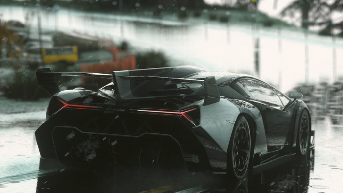 Lamborghini Aventador driving in the rain