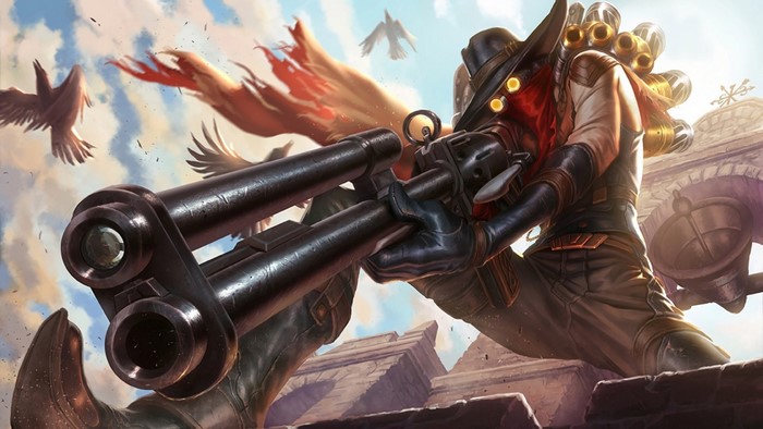 Jhin from League of Legends firing a gun