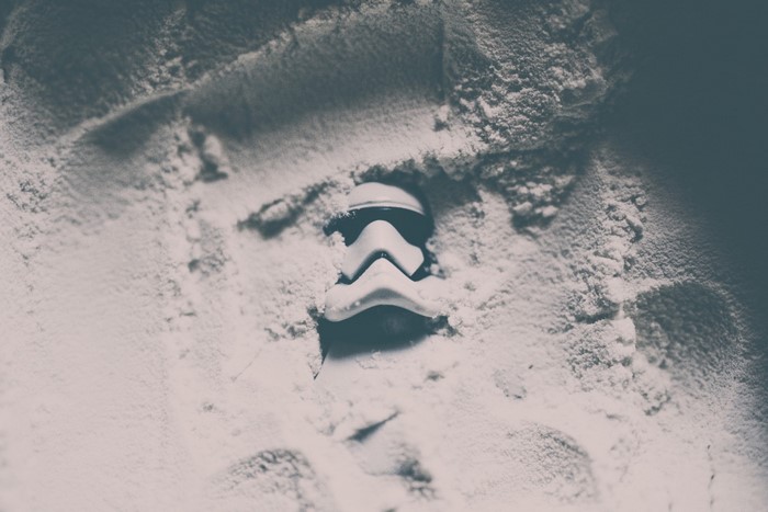 Stormtrooper helmet buried in white powder