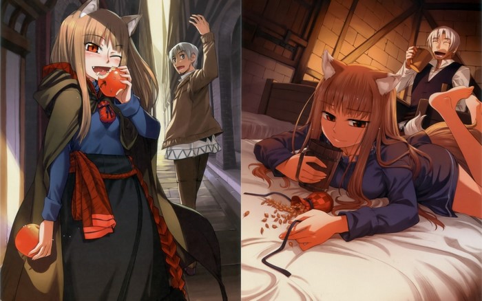 Holo from Spice and Wolf eating an apple and on a bed