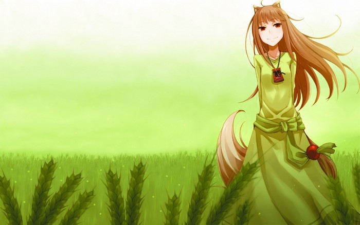 Holo from Spice and Wolf in a grassy field