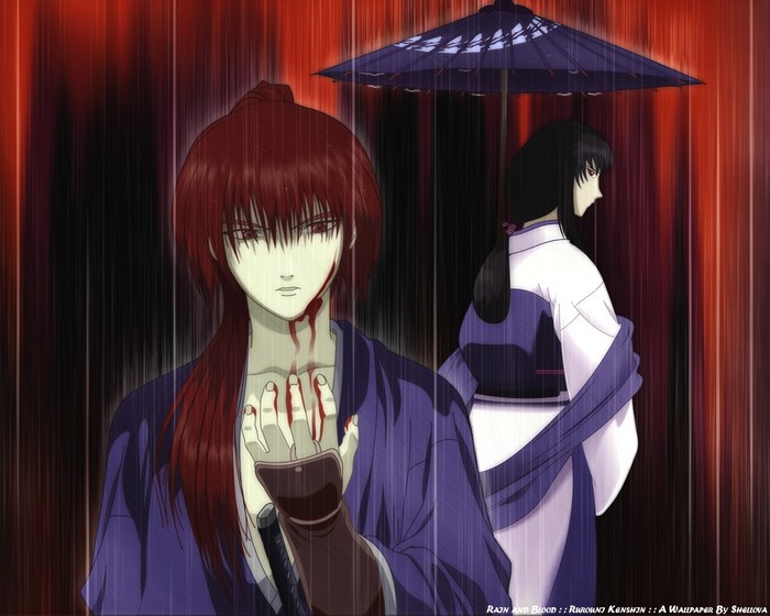 Kenshin Himura and Kaoru Kamiya in the rain