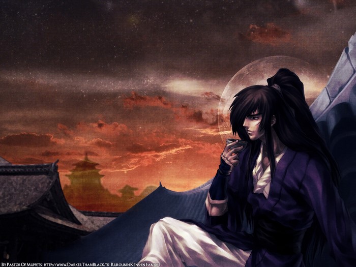 Kenshin Himura from Rurouni Kenshin drinking tea under the moon