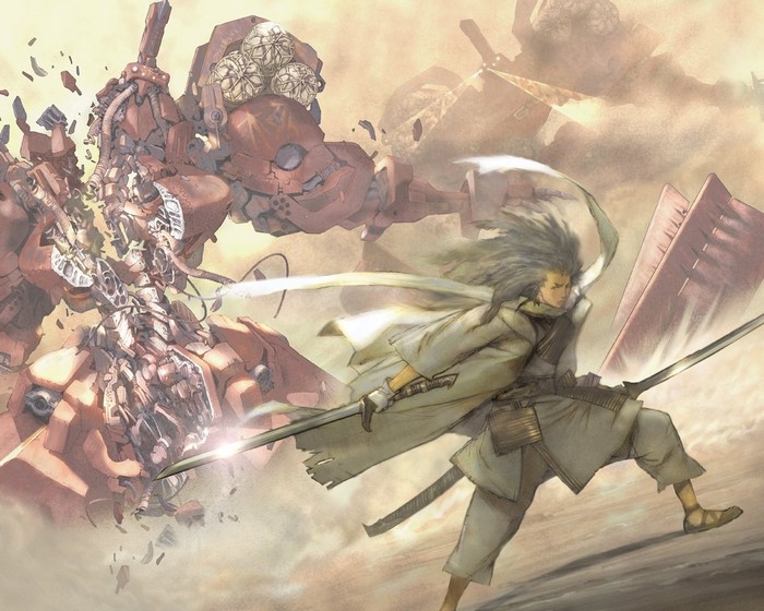 Samurai 7 anime screenshot of a warrior fighting a robot