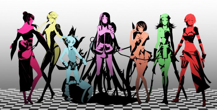 Seven female characters from Sengoku Basara in colorful outfits