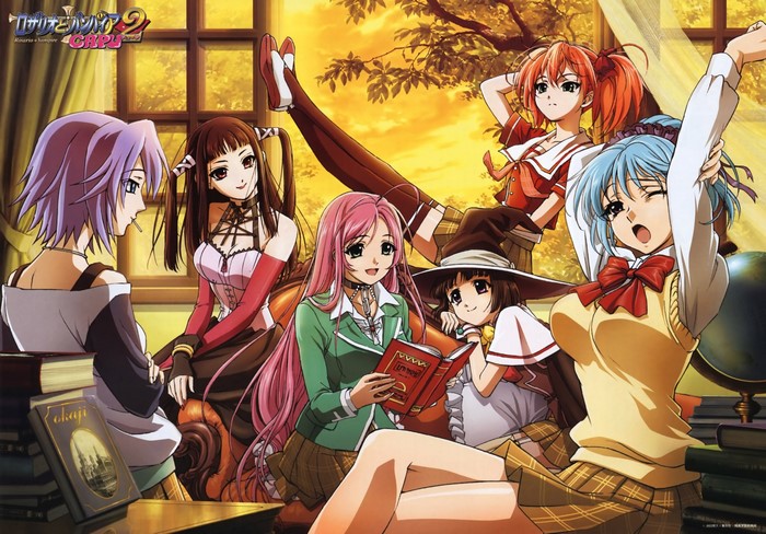 Rosario Vampire characters in a room with books