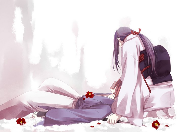 Anime illustration of two people in kimonos with flowers