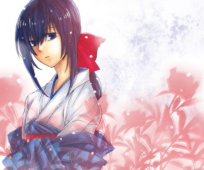 Anime girl in kimono with red bow