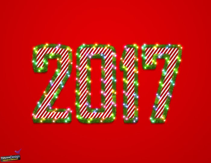 2017 numbers decorated with Christmas lights and pine branches